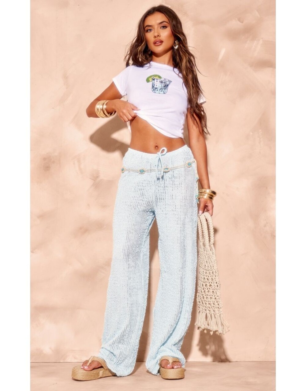 New PrettyLittleThing Baby Blue Textured Jersey Drawstring wide Leg Pants Size 4